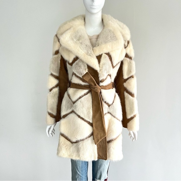 Genuine Geometric Cream w Light Gray Mink Tan Faux Suede Mid Jacket Coat Sz XS-M - Picture 10 of 15